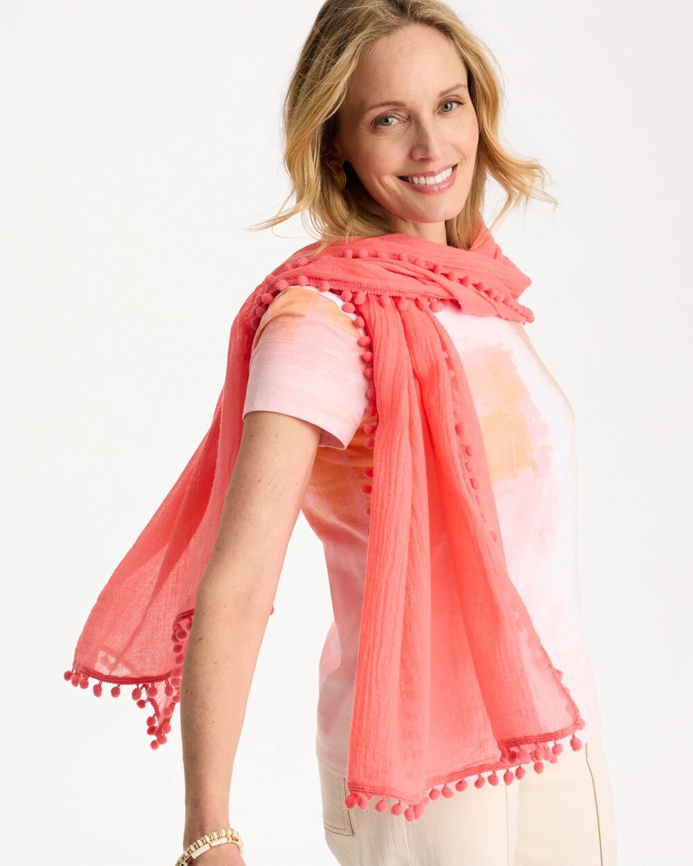 Chico's Best Price - Pom Pom Oblong Scarf Calypso Coral