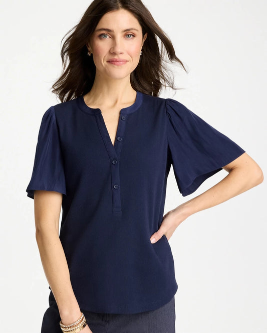Chico's Special Offer - Rib Knit Woven Flutter Sleeve Tee Passport Blue