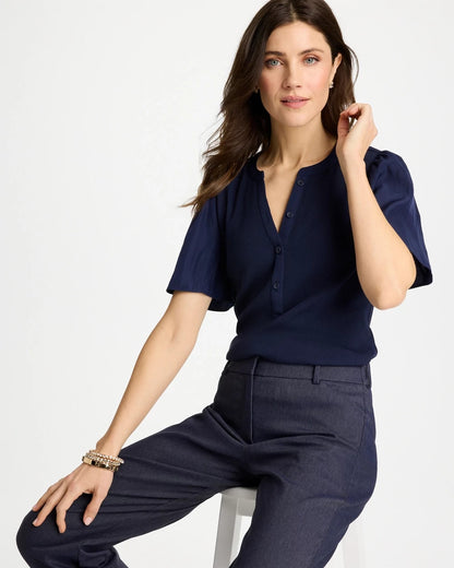Chico's Special Offer - Rib Knit Woven Flutter Sleeve Tee Passport Blue