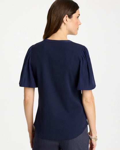 Chico's Special Offer - Rib Knit Woven Flutter Sleeve Tee Passport Blue
