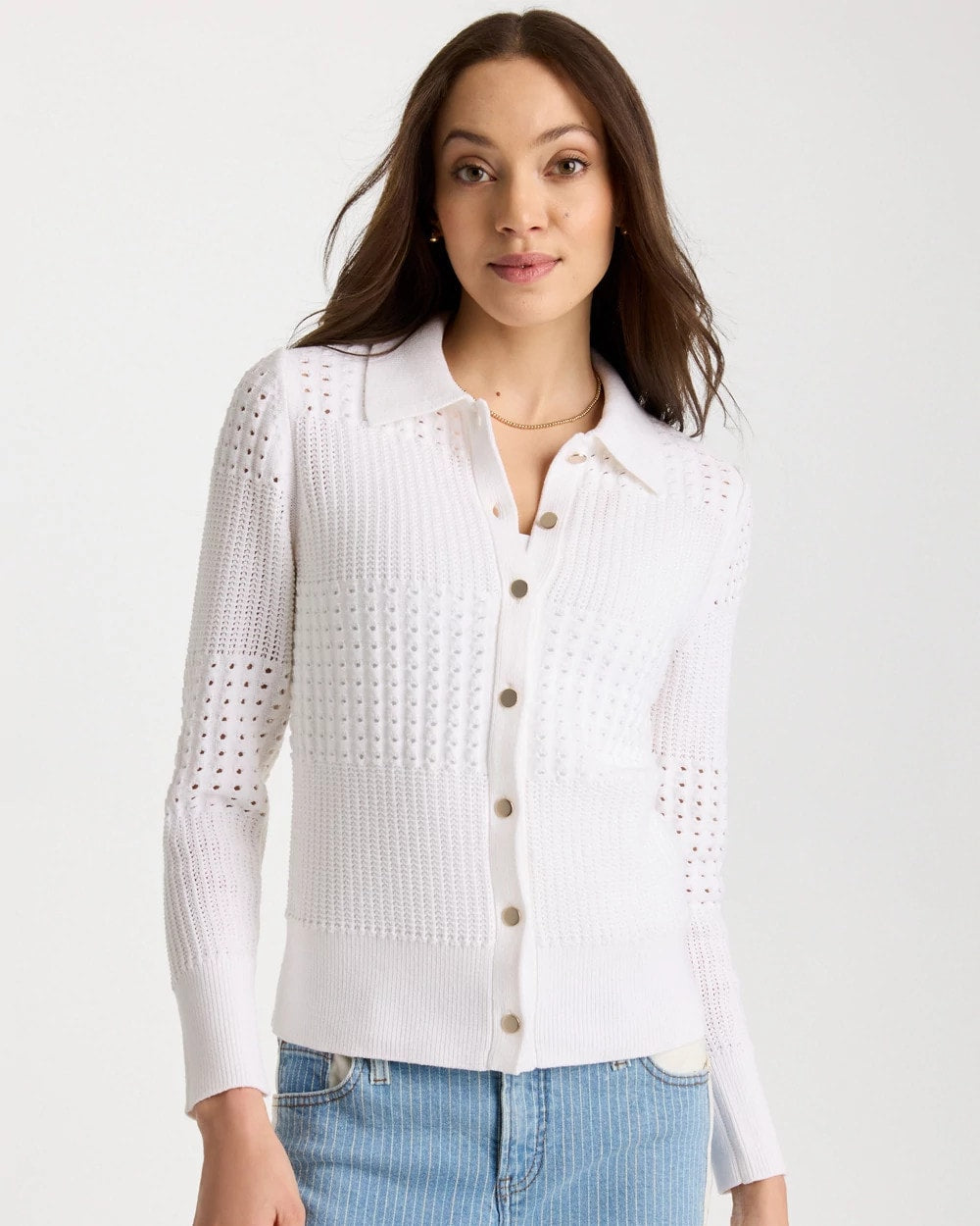 Chico's Signature - Textured Button-Front Cardigan Alabaster
