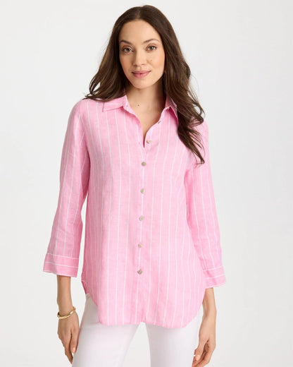 Chico's Latest - No Iron™ Linen Striped Shirt Pink Pansy