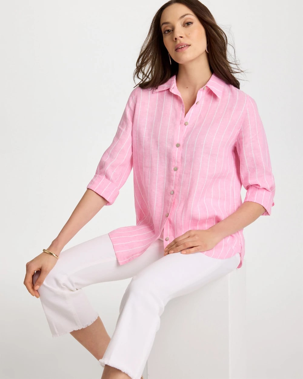 Chico's Latest - No Iron™ Linen Striped Shirt Pink Pansy