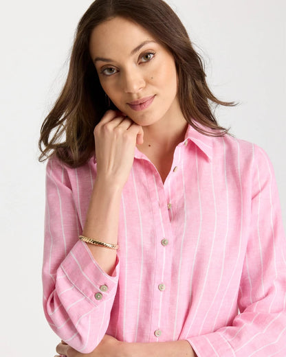 Chico's Latest - No Iron™ Linen Striped Shirt Pink Pansy