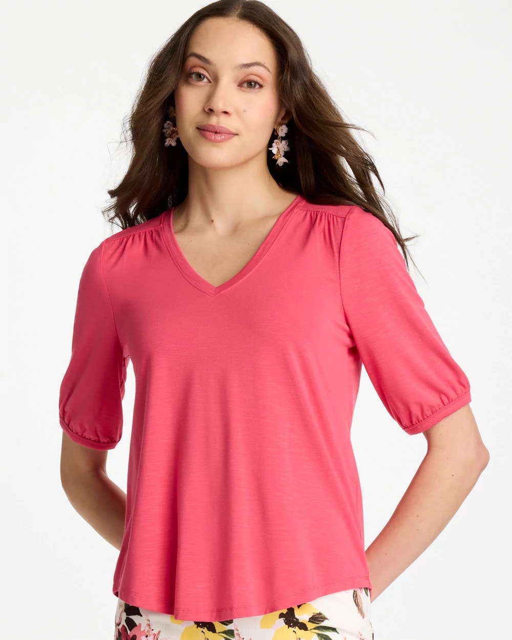 Chico's Everyday - Shirred Elbow Sleeve Tee Hot Honeysuckle