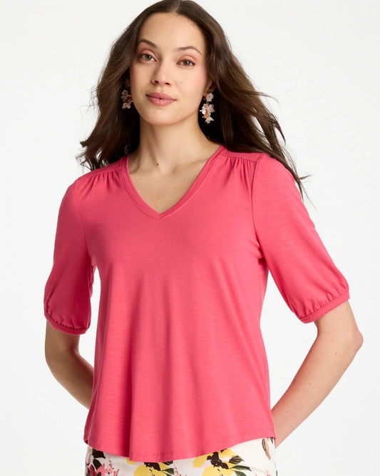 Chico's Everyday - Shirred Elbow Sleeve Tee Hot Honeysuckle