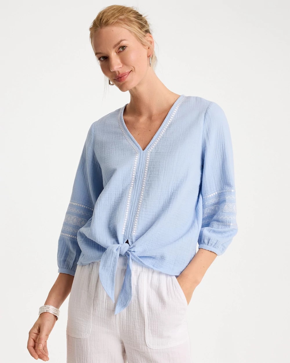 Chico's Best Price - Cotton Gauze Tie-Front Blouse Blue Haven