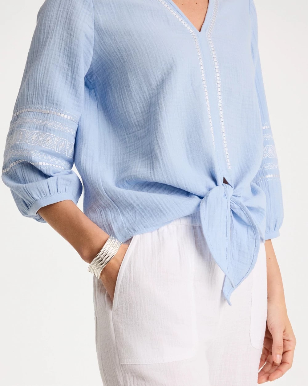 Chico's Best Price - Cotton Gauze Tie-Front Blouse Blue Haven