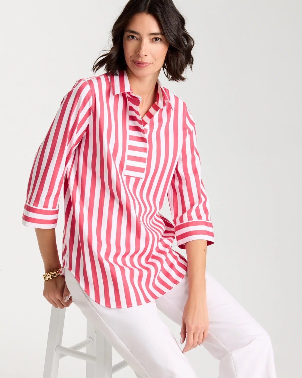 Chico's Top Pick - No Iron™ Striped Stretch Tunic Hot Honeysuckle