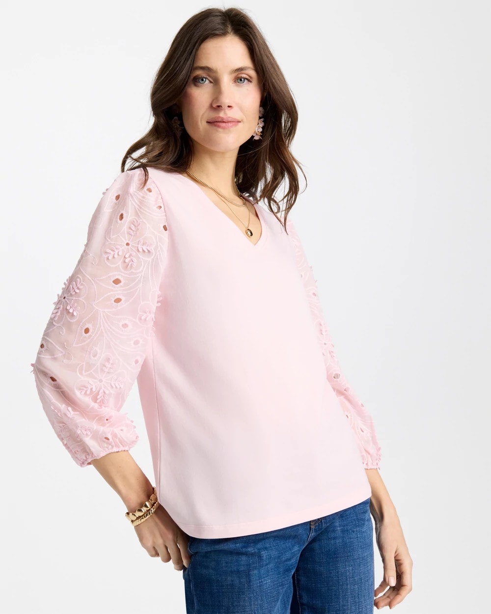 Chico's Quality - Floral Eyelet Sleeve Tee Sweet Blossom