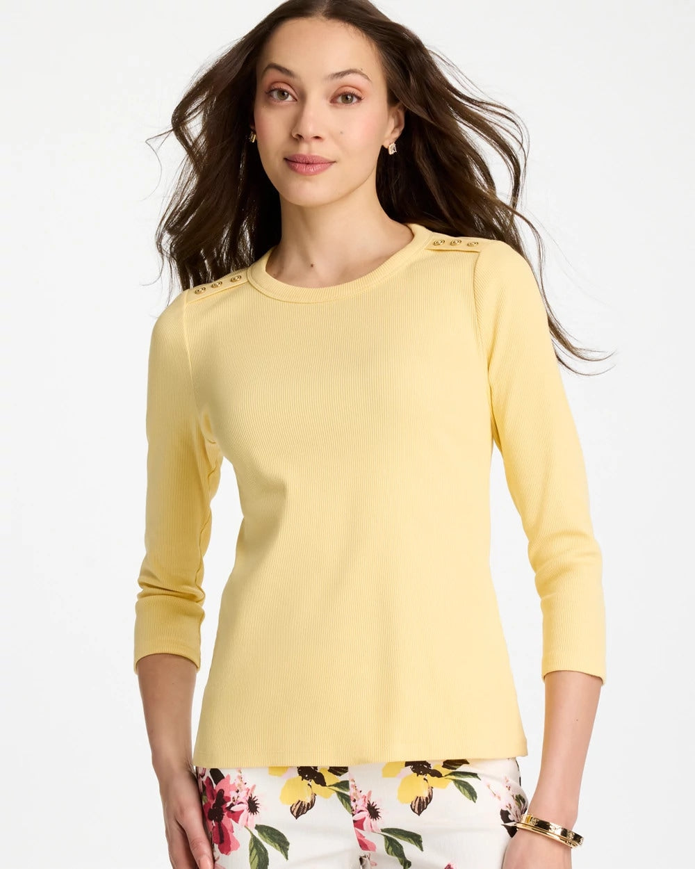 Chico's Deals - Ribbed Button Crewneck Tee Golden Haze