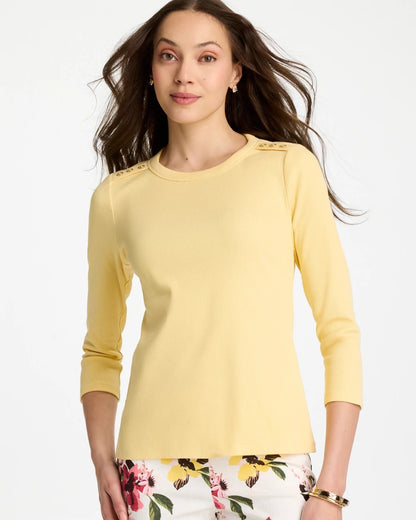 Chico's Deals - Ribbed Button Crewneck Tee Golden Haze