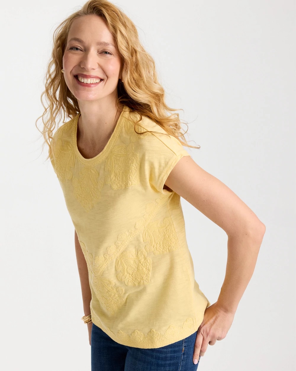 Chico's Exclusive - Monochrome Embroidered Cap-Sleeve Tee Golden Haze