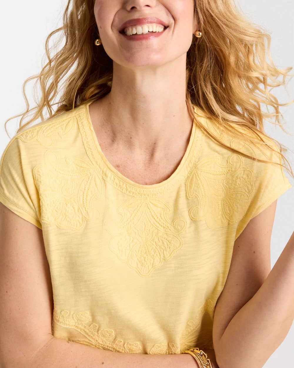 Chico's Exclusive - Monochrome Embroidered Cap-Sleeve Tee Golden Haze