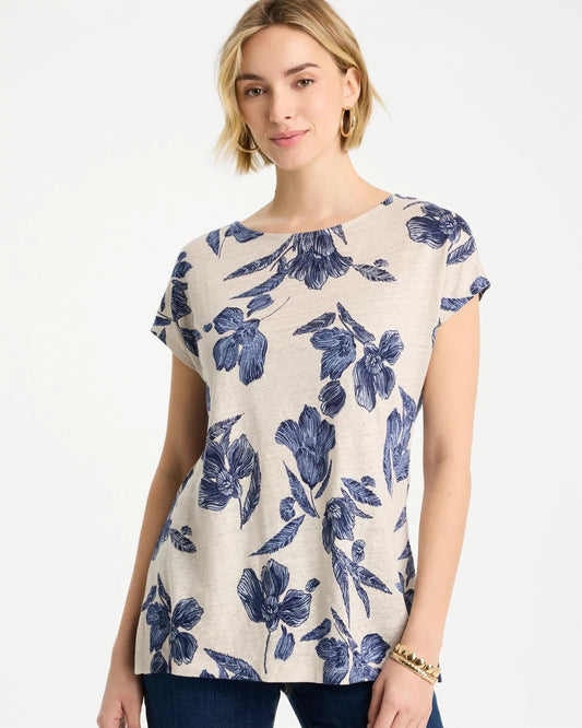 Chico's Classic - Floral Linen Dolman Tee River Rock