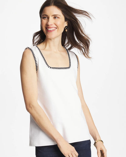 Chico's Great Value - Blanket Stitch Contour Cotton™ Square Neck Tank Alabaster