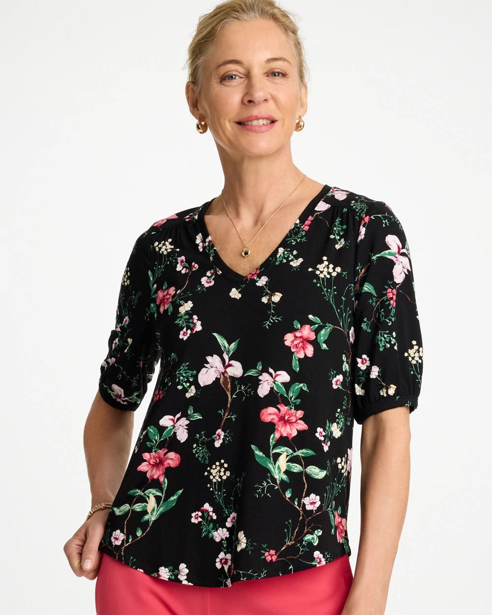 Chico's New - Kyoto Shirred Elbow Sleeve Tee Black