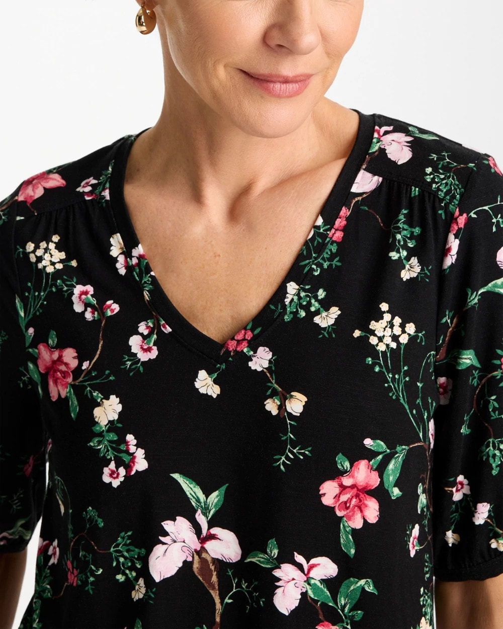 Chico's New - Kyoto Shirred Elbow Sleeve Tee Black