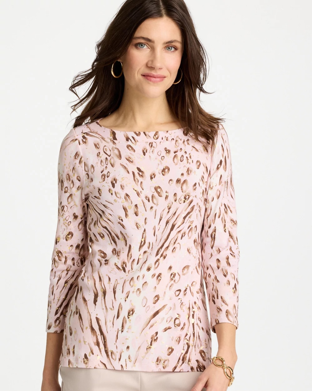 Chico's Customer Favorite - Animal Foiled Pima 3/4 Sleeve Tee Alabaster