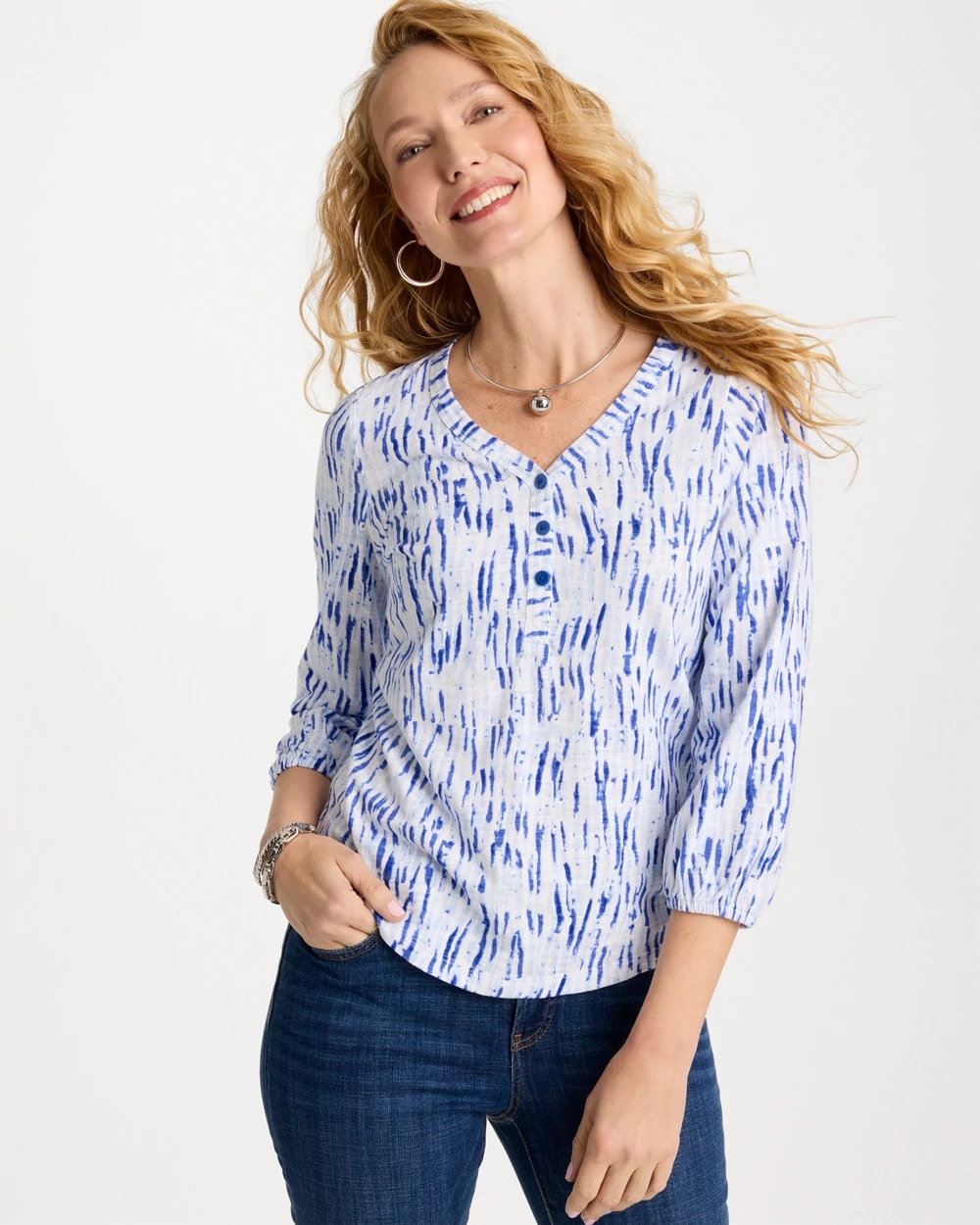 Chico's Smart Buy - Printed Puff Sleeve Slub Henley Amparo Blue