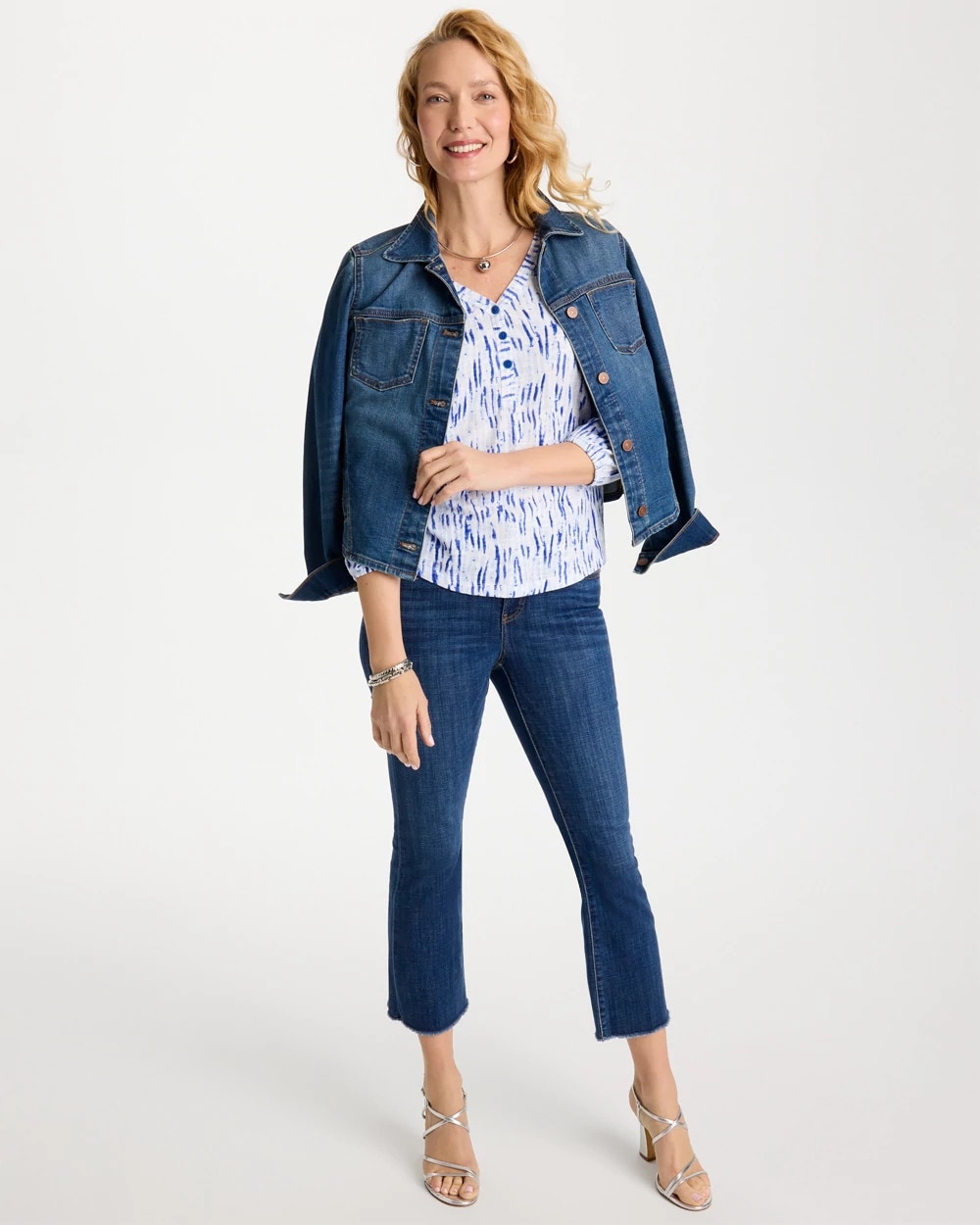 Chico's Smart Buy - Printed Puff Sleeve Slub Henley Amparo Blue