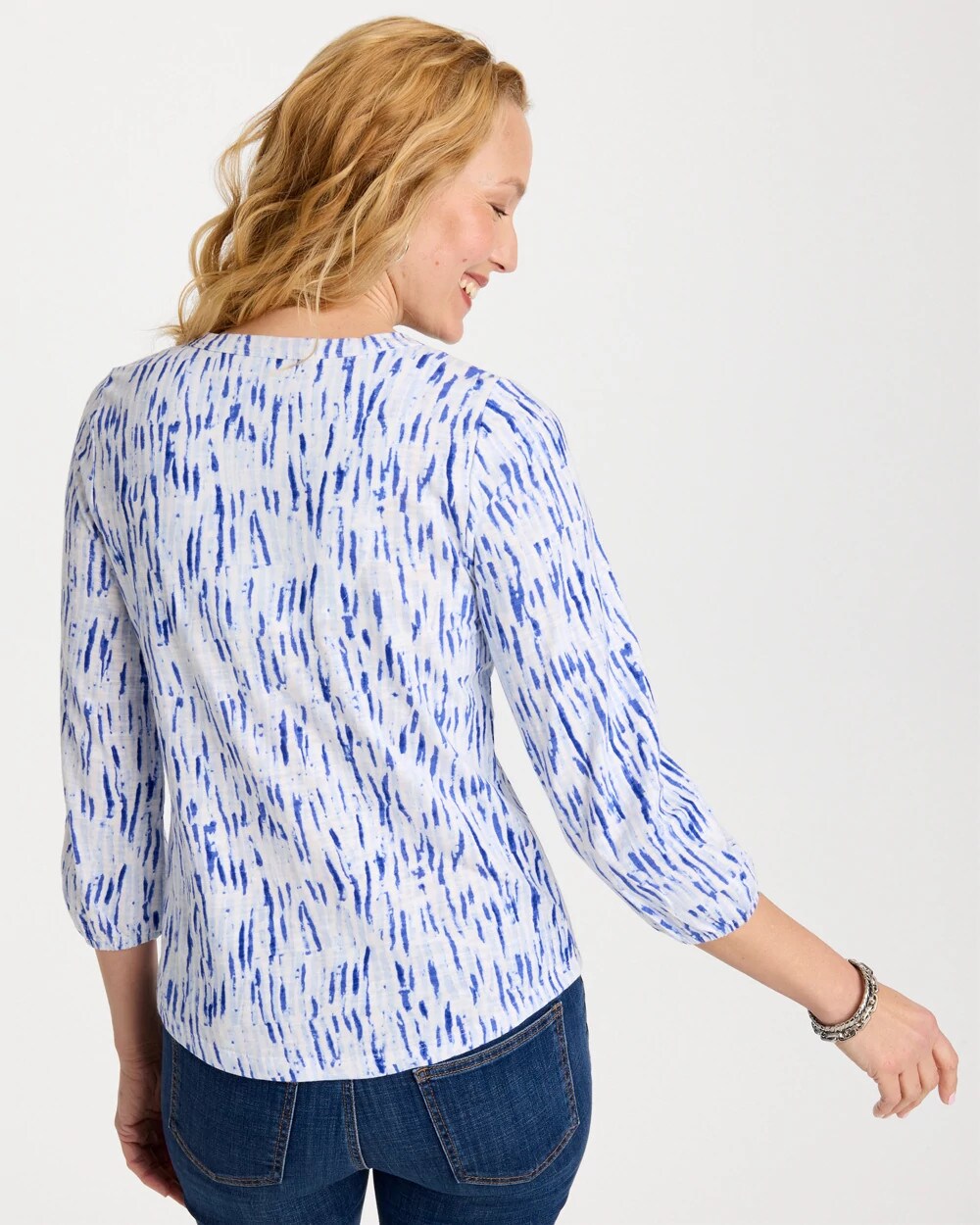 Chico's Smart Buy - Printed Puff Sleeve Slub Henley Amparo Blue