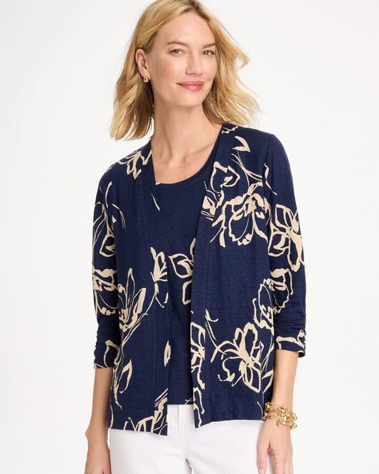 Chico's Customer Favorite - Floral Linen Open Front Cardigan Passport Blue