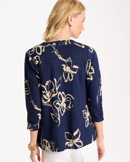 Chico's Customer Favorite - Floral Linen Open Front Cardigan Passport Blue