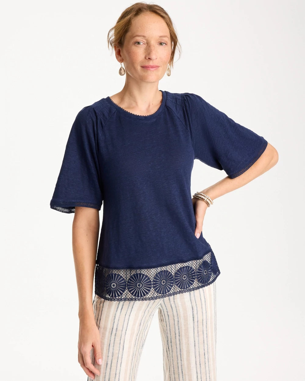 Chico's Best Seller - Linen Crochet Tee Passport Blue
