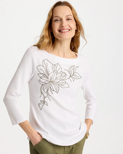 Chico's Value - Embroidered Pima 3/4 Sleeve Tee Alabaster