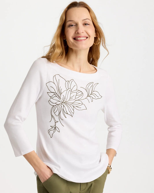 Chico's Value - Embroidered Pima 3/4 Sleeve Tee Alabaster
