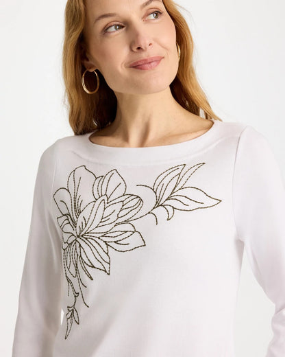 Chico's Value - Embroidered Pima 3/4 Sleeve Tee Alabaster
