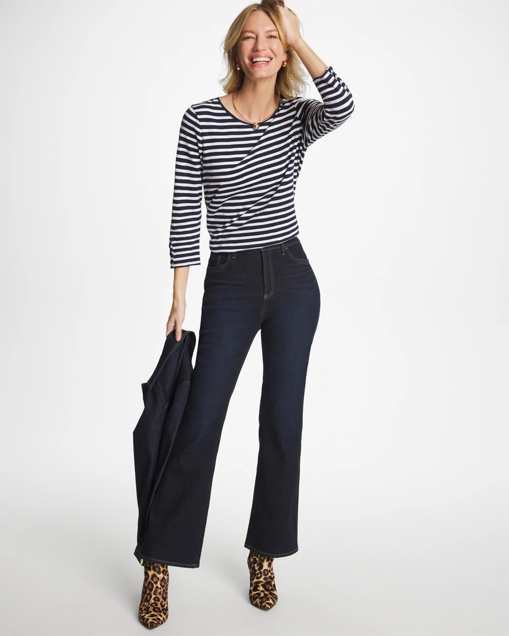 Chico's Popular - Striped Cotton Slub 3/4 Sleeve Button Tee Passport Blue