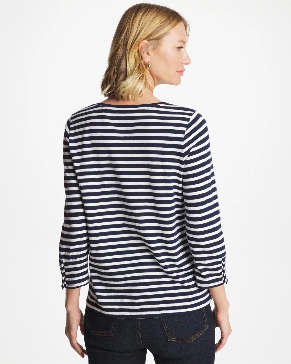 Chico's Popular - Striped Cotton Slub 3/4 Sleeve Button Tee Passport Blue