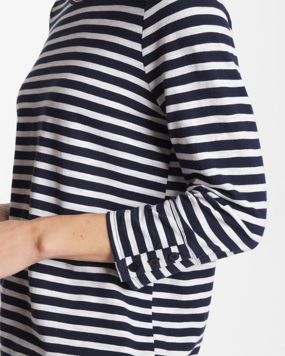 Chico's Popular - Striped Cotton Slub 3/4 Sleeve Button Tee Passport Blue