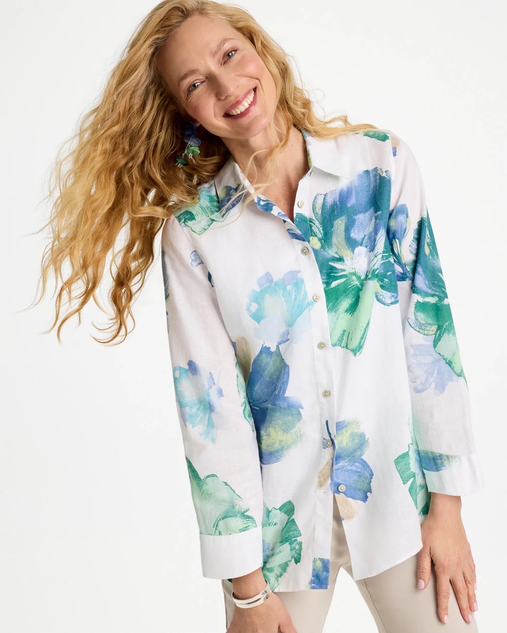 Chico's Quality - No Iron™ Printed Linen Shirt Passport Blue