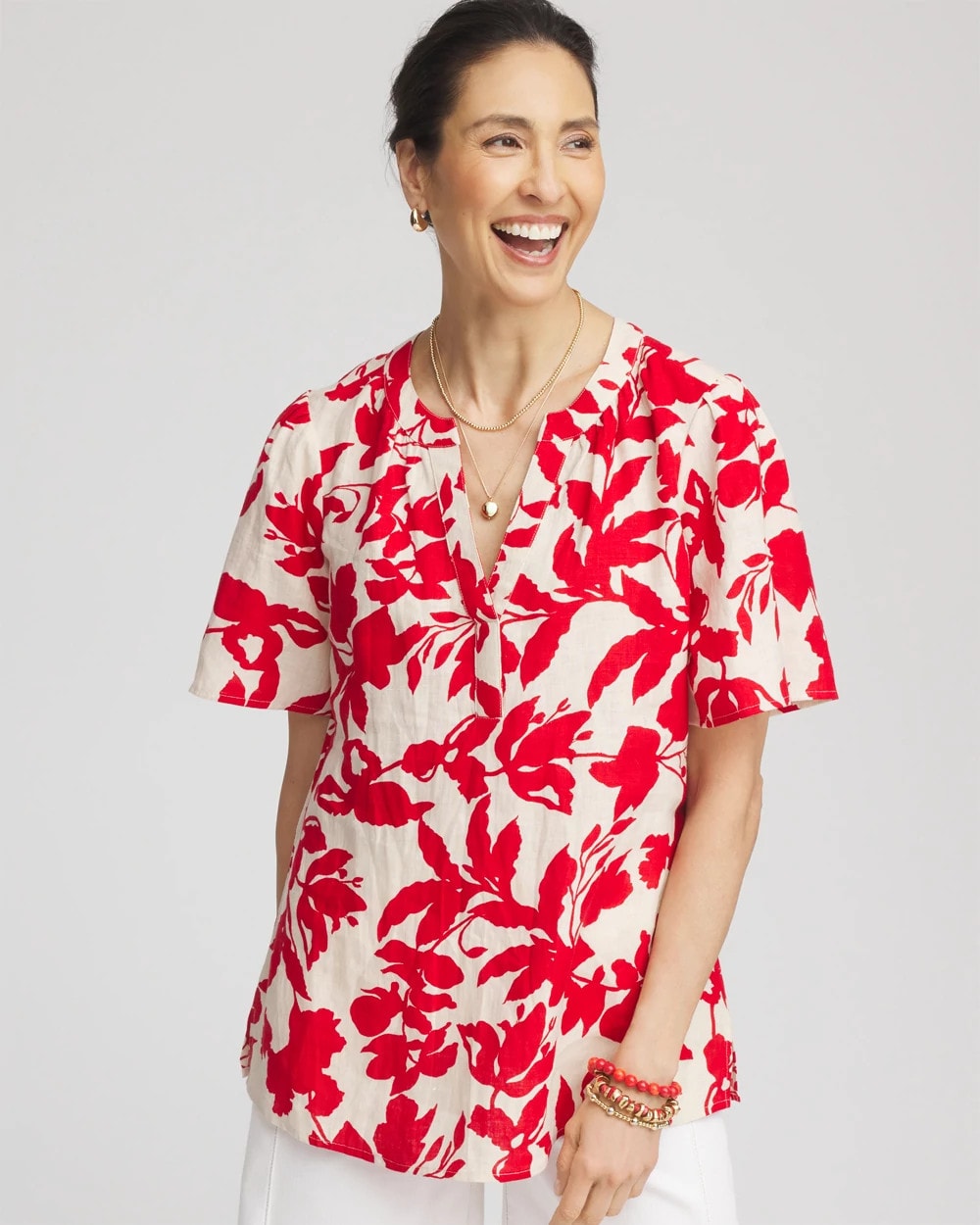 Chico's Featured - Floral Linen Popover Shirt Red Glow