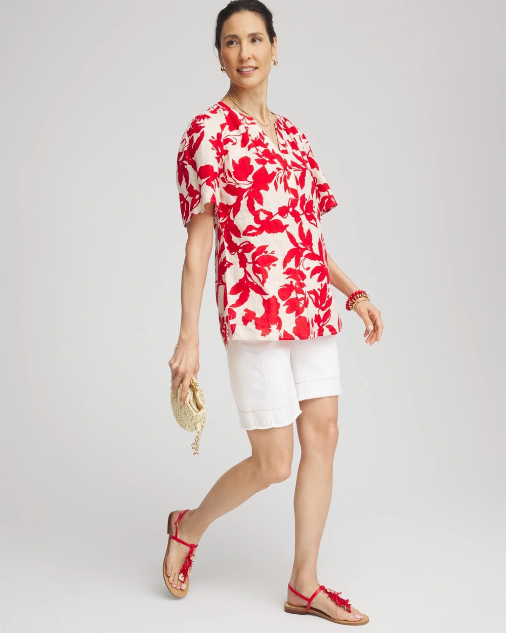Chico's Featured - Floral Linen Popover Shirt Red Glow