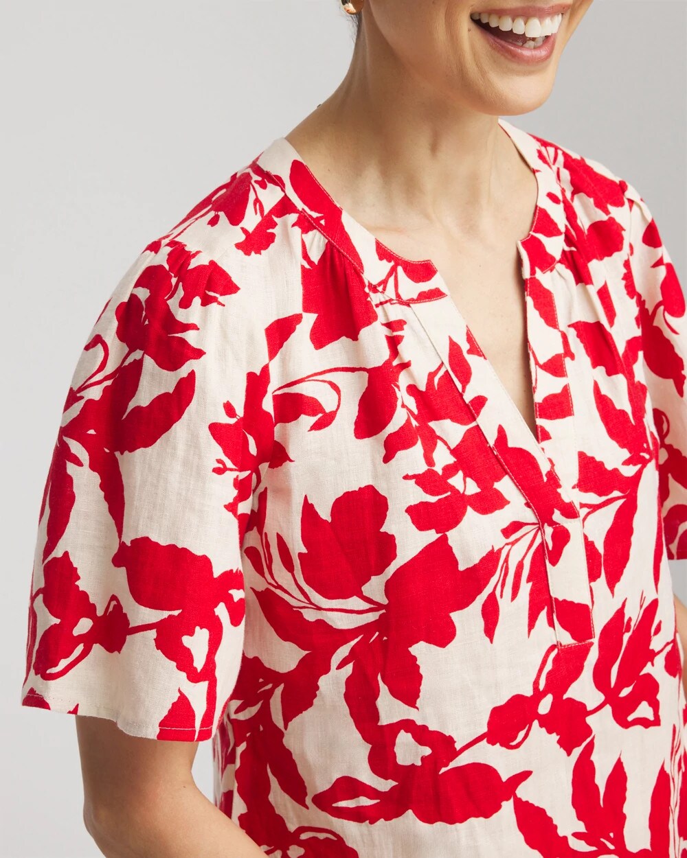 Chico's Featured - Floral Linen Popover Shirt Red Glow