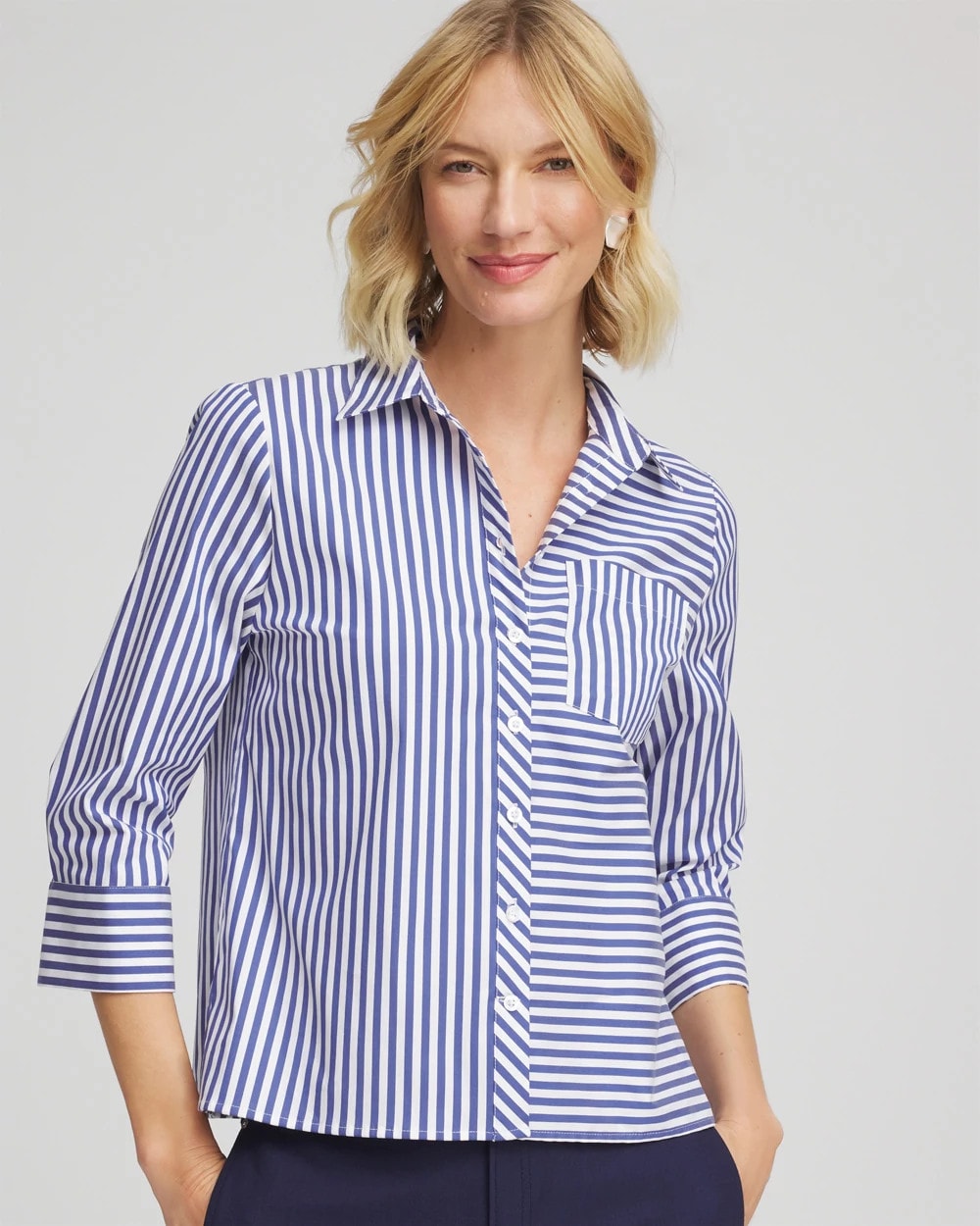 Chico's Quality - Stripe Mixing Poplin Shirt Hidden Sapphire