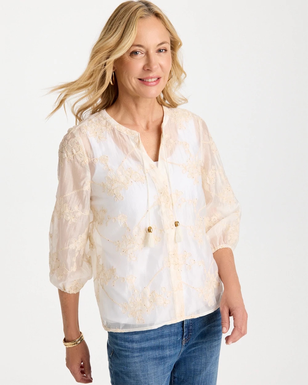 Chico's Deals - Embroidered Tassel Tie-Front Top Alabaster