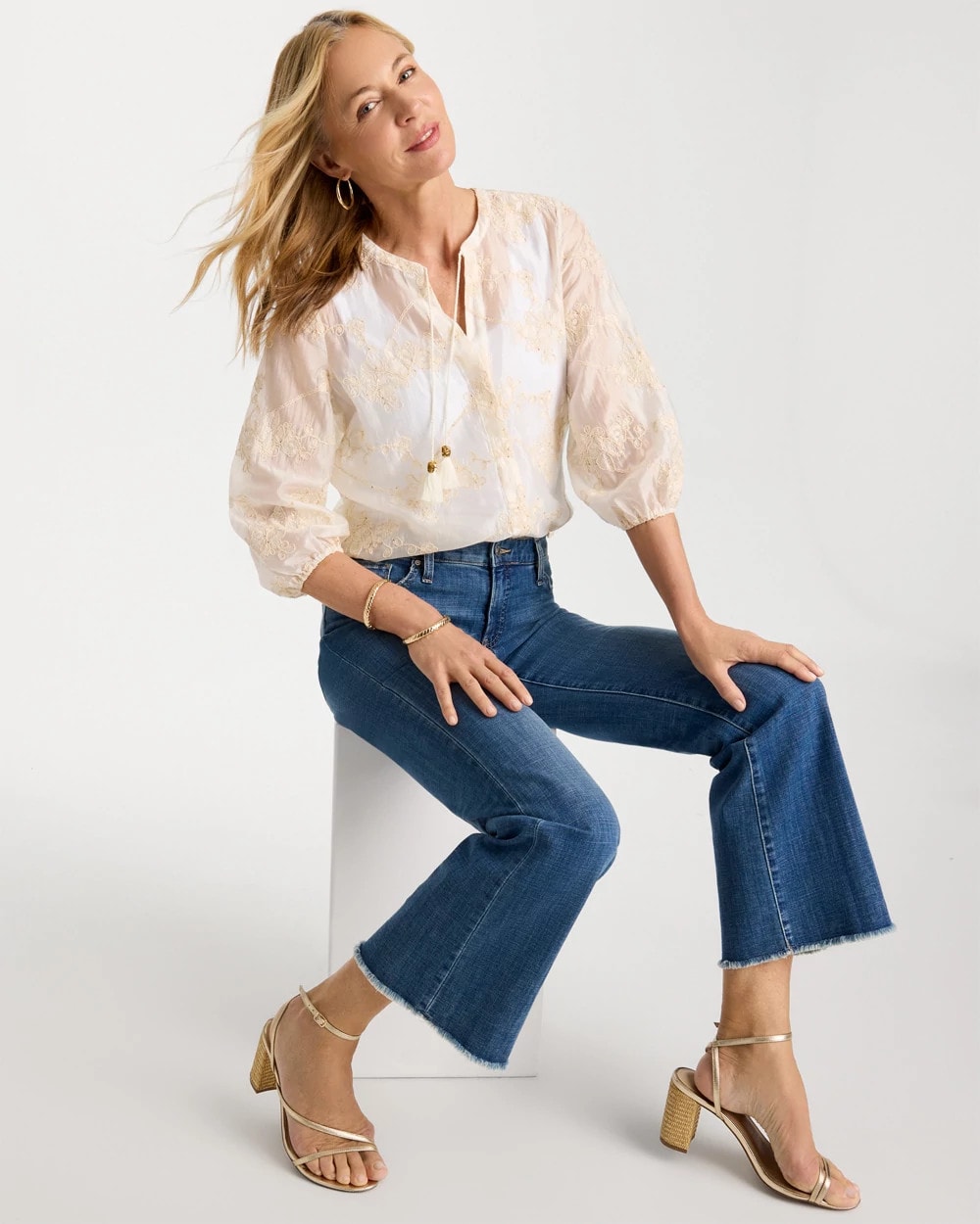Chico's Deals - Embroidered Tassel Tie-Front Top Alabaster