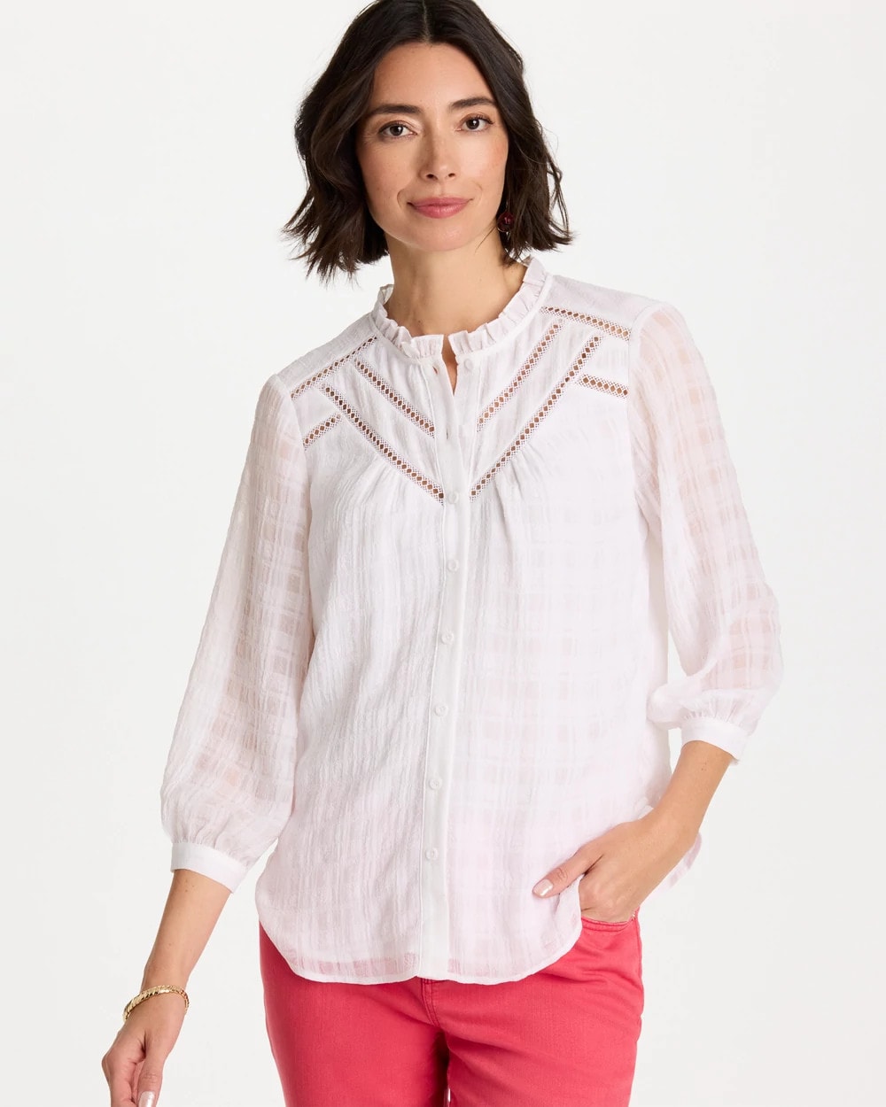 Chico's Essential - Cutwork Trim Chiffon Blouse Alabaster