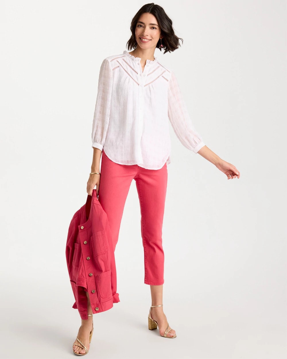 Chico's Essential - Cutwork Trim Chiffon Blouse Alabaster