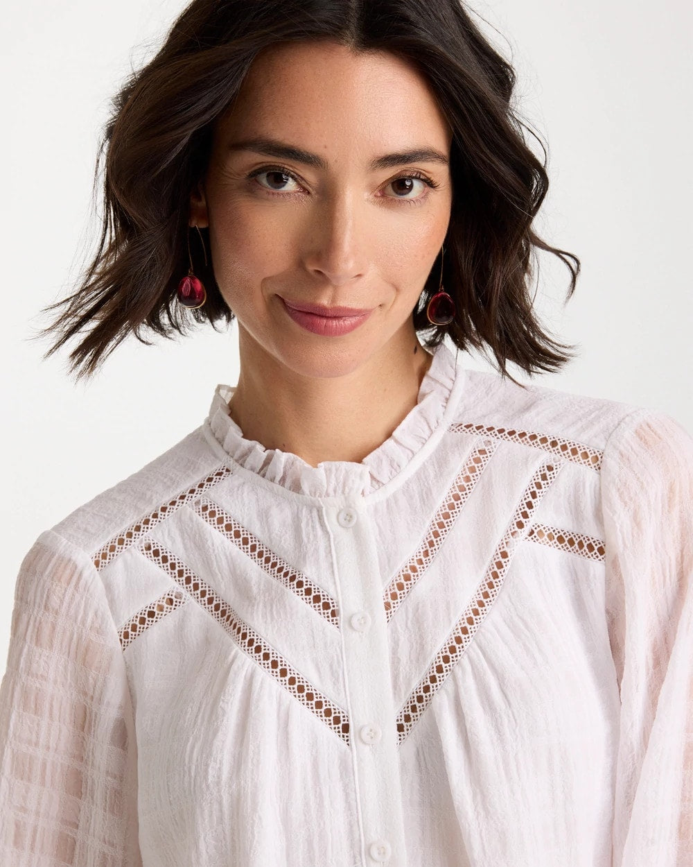 Chico's Essential - Cutwork Trim Chiffon Blouse Alabaster