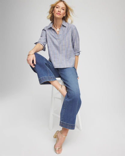 Chico's Smart Buy - Chambray Striped Soft Popover Indigo