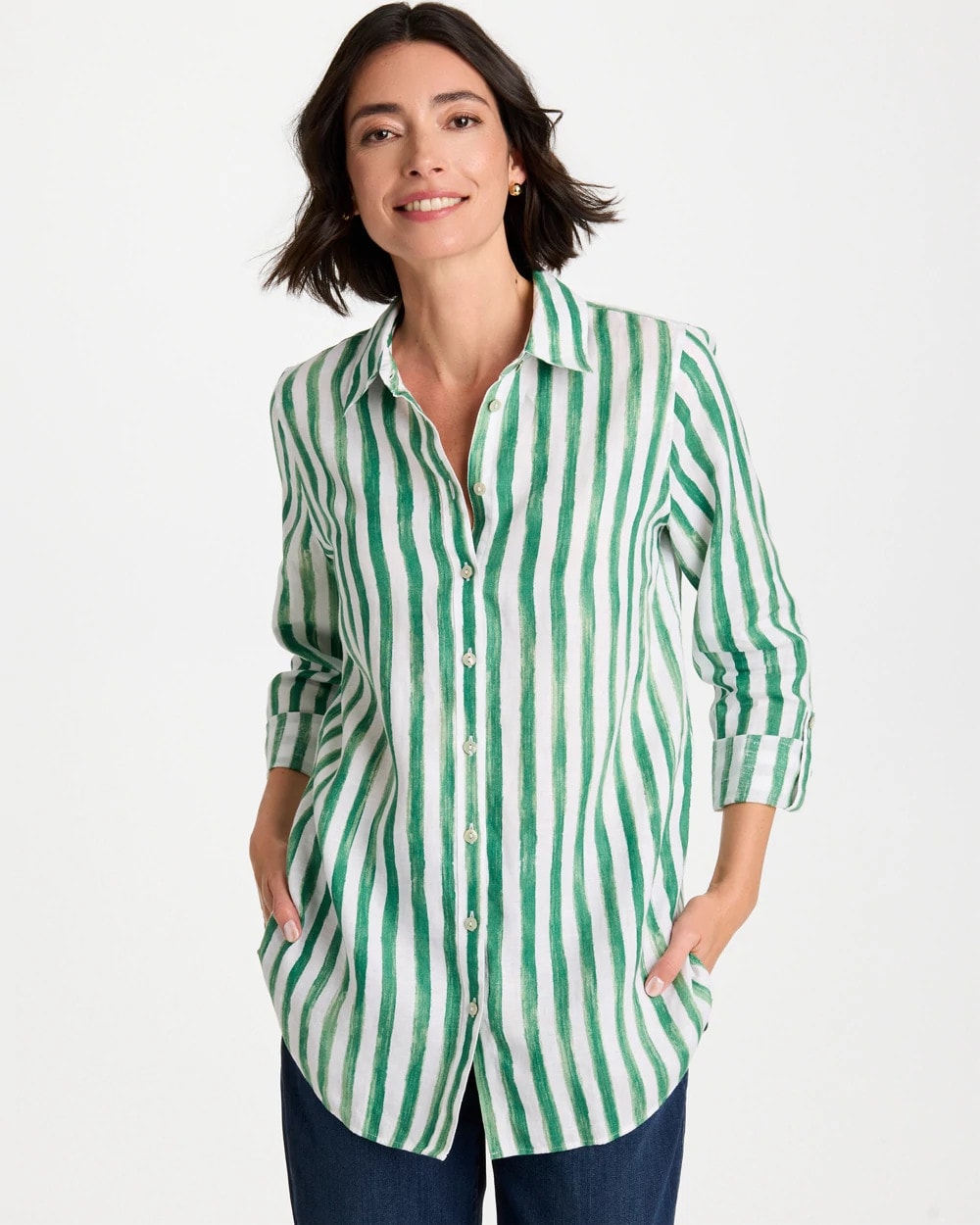 Chico's Latest - No Iron™ Striped Linen Tunic Hunter Green