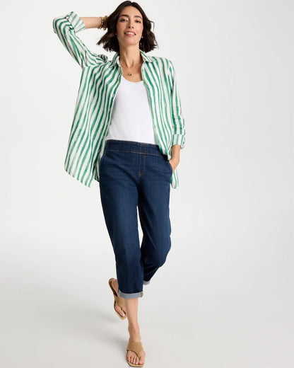 Chico's Latest - No Iron™ Striped Linen Tunic Hunter Green