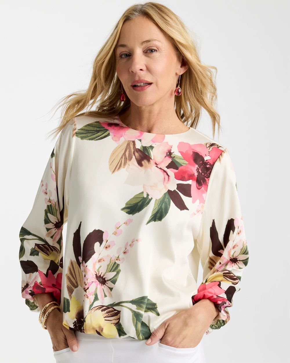 Chico's Great Value - Crewneck Satin Bubble Hem Top Hot Honeysuckle