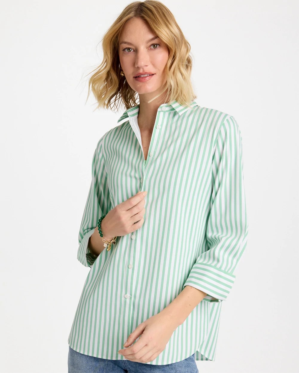 Chico's Classic - No Iron™ Striped Stretch Shirt Peppermint Green